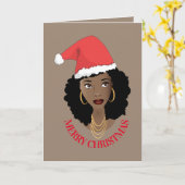 メリークリスマス、黒人女性、赤サンタハット、ブラウン カード (黄色い花)