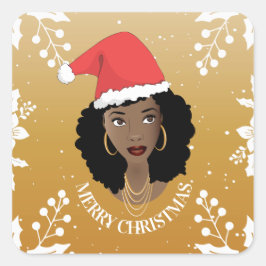 メリークリスマス、黒人女性、赤サンタ、黄色 スクエアシール