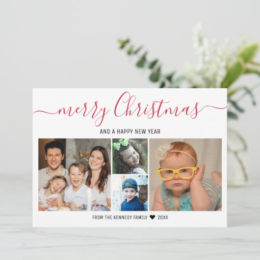 メリークリスマス　４枚の写真を並べた　赤いバッファロープレイド シーズンカード (スタンド正面)