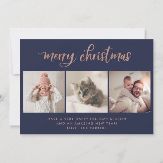 メリークリスマス | 3つのフォトネイビーとバラ金ゴールド シーズンカード (正面)