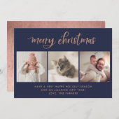 メリークリスマス | 3つのフォトネイビーとバラ金ゴールド シーズンカード (正面/裏面)
