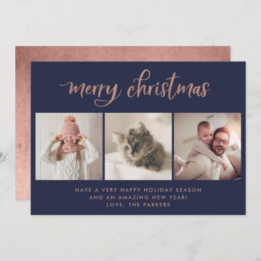 メリークリスマス | 3つのフォトネイビーとバラ金ゴールド シーズンカード (正面/裏面)