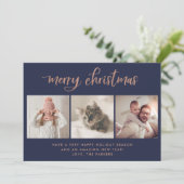 メリークリスマス | 3つのフォトネイビーとバラ金ゴールド シーズンカード (スタンド正面)