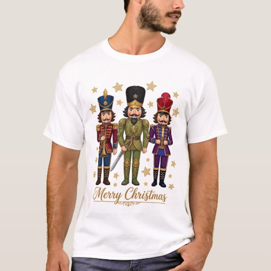 メリークリスマス 3人のくるみ割り人形 ゴールドの星 Tシャツ (正面)
