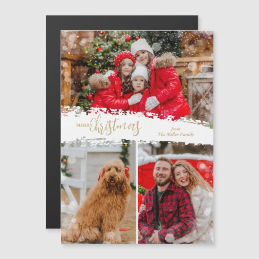 メリークリスマス 3枚の写真コラージュ マグネットカード (正面/裏面)