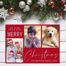 メリークリスマス 3枚の写真スクリプト 赤 シーズンカード