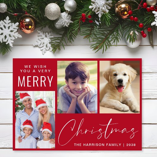 メリークリスマス 3枚の写真スクリプト 赤 シーズンカード