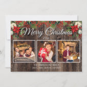 メリークリスマス 3枚の写真付き レトロな木目とヒイラギの実 カード (正面)