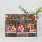 メリークリスマス 3枚の写真付き レトロな木目とヒイラギの実 カード (スタンド正面)