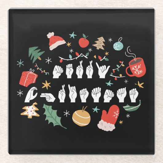 メリークリスマス – ASLアメリカ手話III ガラスコースター (正面)