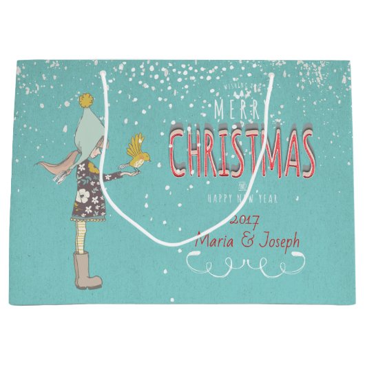 メリークリスマス – X-masガールドッグ編集可能文字オン ラージペーパーバッグ (正面)