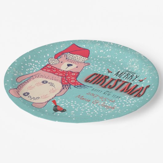 メリークリスマス – X-masクマと編集可能文字 ペーパープレート (アングル)