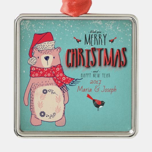 メリークリスマス – X-masクマと編集可能文字 メタルオーナメント (正面)