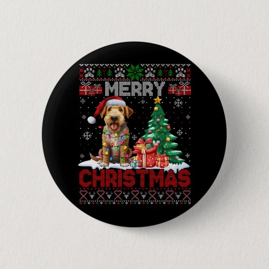 メリークリスマスAiredale Terrier犬の恋人醜いXm 缶バッジ (正面)
