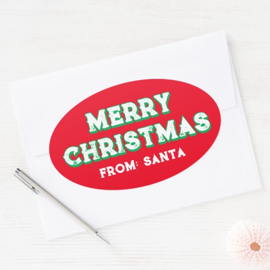 メリークリスマスfromサンタ編集可能文字レッドオーバル 楕円形シール (封筒)