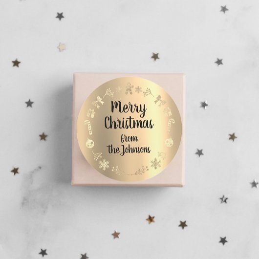 メリークリスマスfromネーム金ゴールドトナカイリース ラウンドシール