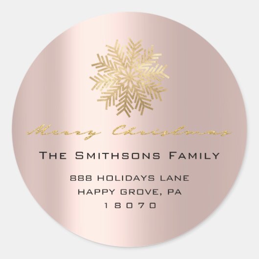 メリークリスマスfrom名前バラ金ゴールドRSVPスノーフレーク ラウンドシール (正面)