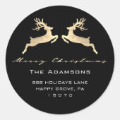 メリークリスマスfrom Nameブラック金ゴールドRSVPトナカイ ラウンドシール (正面)