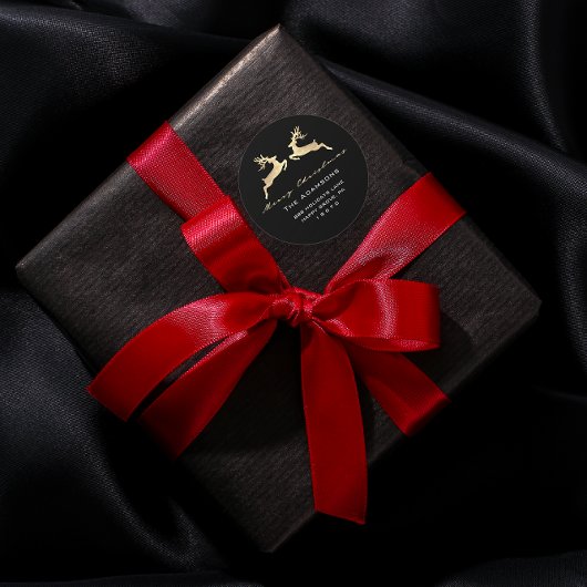 メリークリスマスfrom Nameブラック金ゴールドRSVPトナカイ ラウンドシール