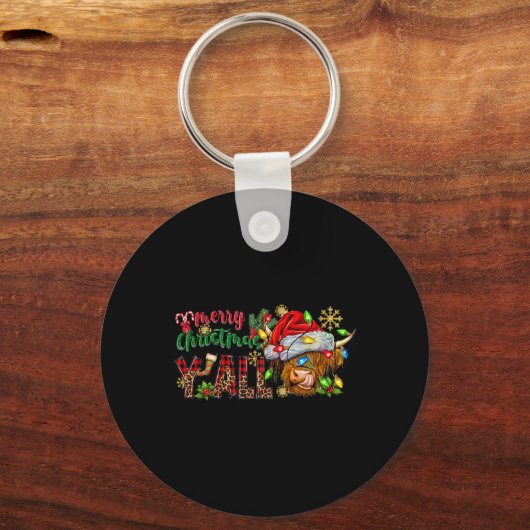 メリークリスマスY'allかわいいハイランドカウクリスマス キーホルダー (正面)
