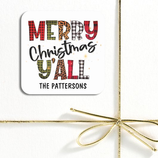 メリークリスマスY'allタータンチェックヒョウ印刷名 スクエアシール
