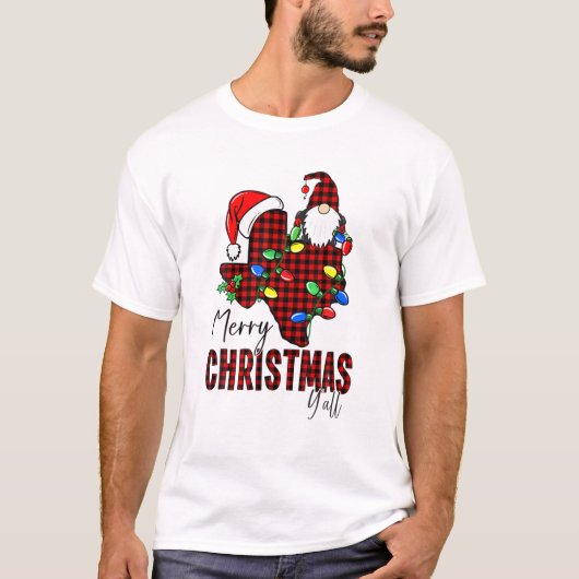 メリークリスマスY'allテキサス州州レッドプレイド Tシャツ (正面)