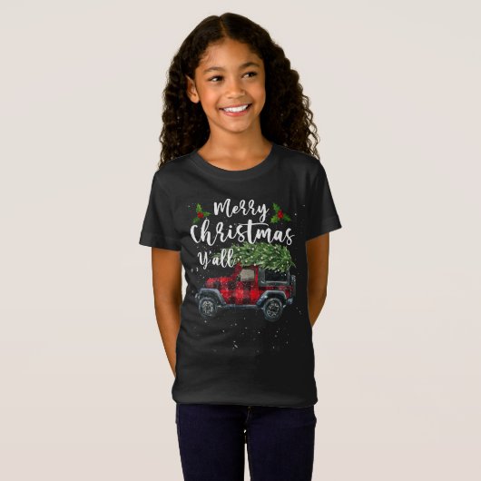 メリークリスマスY'allレトロレッドプレイドカークリスマ Tシャツ (正面フル)