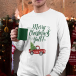 メリークリスマスY'allヴィンテージトラックホワイトグリーン Tシャツ<br><div class="desc">メリークリスマスY'all – 水彩ヴィンテージレッドトラックとクリスマスツリーの男性の長袖Tシャツ – 緑の文字</div>