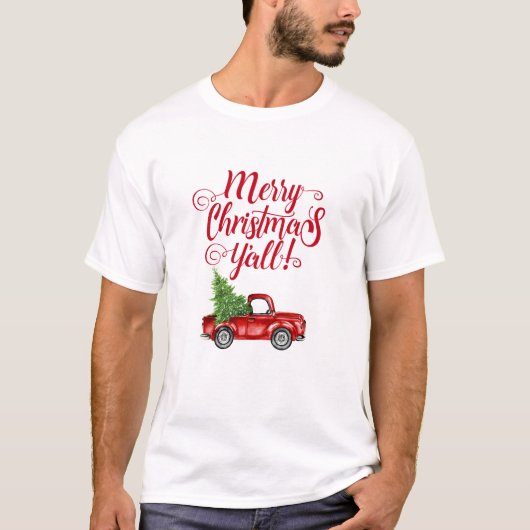 メリークリスマスY'allヴィンテージレッドトラッククリスマス Tシャツ (正面)