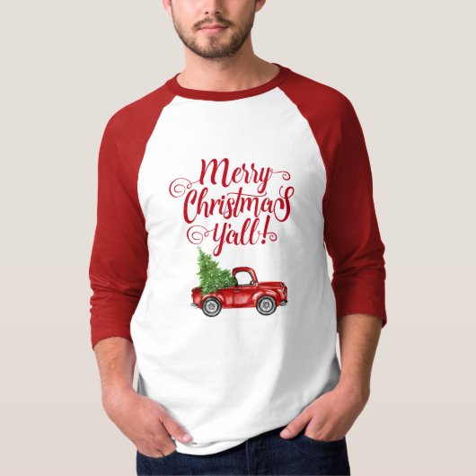 メリークリスマスY'allヴィンテージレッドトラック Tシャツ (正面)