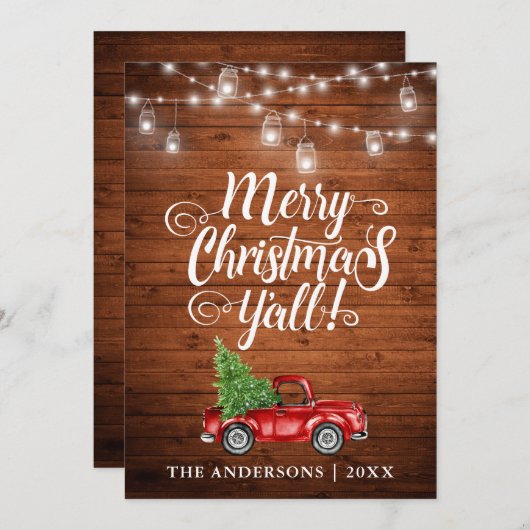 メリークリスマスY'all jar lightsトラックウッド シーズンカード (正面/裏面)