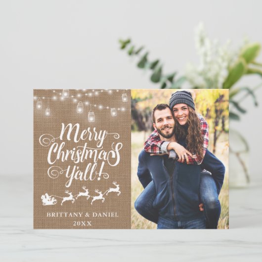 メリークリスマスY'all Lights Burlapカップルの写真 シーズンカード (スタンド正面)