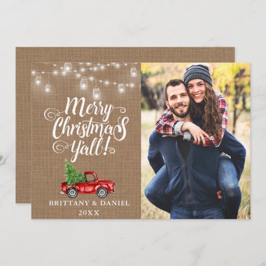 メリークリスマスY'all Lights Burlapトラックの写真 シーズンカード (正面/裏面)
