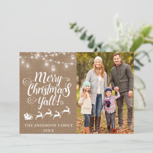 メリークリスマスY'all Lights Burlapファミリーフォト シーズンカード (スタンド正面)