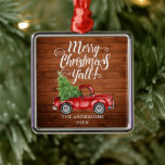 メリークリスマスY'all Wood Red Truck Square メタルオーナメント<br><div class="desc">メリークリスマスY'all素朴ウッドオーナメント水彩ヴィンテージ赤トラックとクリスマスツリー</div>