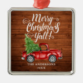 メリークリスマスY'all Wood Red Truck Square メタルオーナメント (正面)