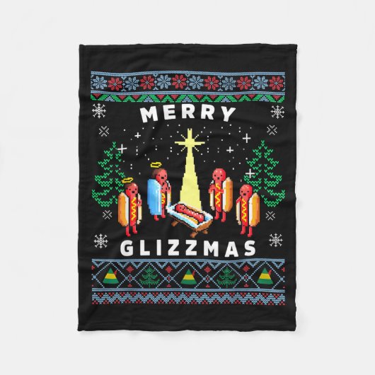 メリーグリズマス おもしろい クリスマス ださいセーター グリズィー フリースブランケット (正面)