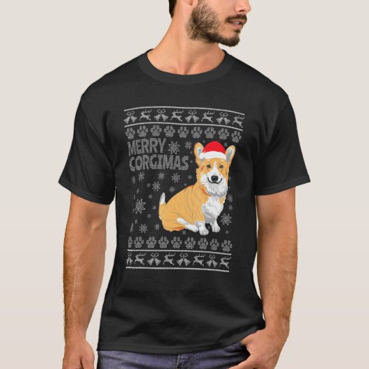 メリーコーギマス クリスマスのコーギーのせつないセーター Tシャツ (正面)