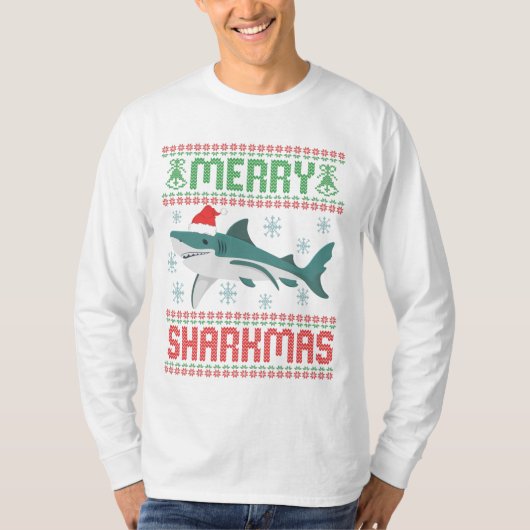 メリーシャークマスおもしろいクリスマスシャーク醜いセーター Tシャツ (正面)
