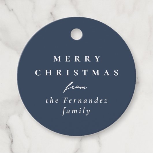 メリーシンプルクリスマスのネイビーパーソナライズされたブルー フェイバータグ (正面)