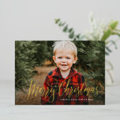 メリーシンプルクリスマスの緑の写真家族 箔シーズンカード (立ち正面)