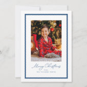 メリーシンプルクリスマスの青い波状フレーム写真 シーズンカード (正面)