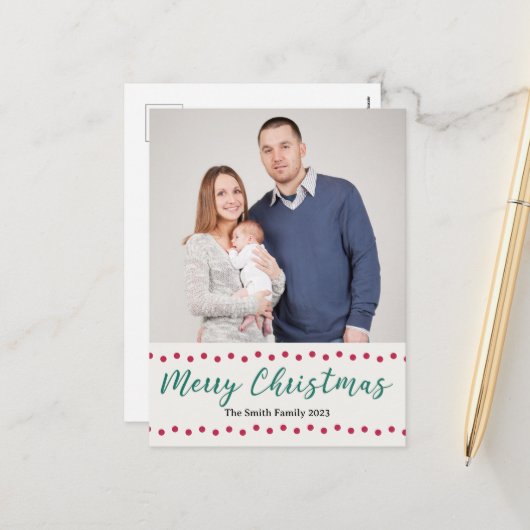 メリーシンプルクリスマス赤と緑のカスタム写真 シーズンポストカード (正面/裏面インサイチュ)