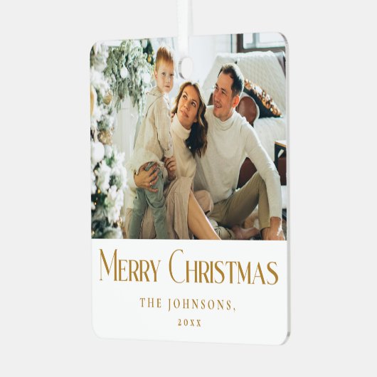 メリースタイリッシュエレガントクリスマス家族の写真金ゴールド メタルオーナメント (正面左)