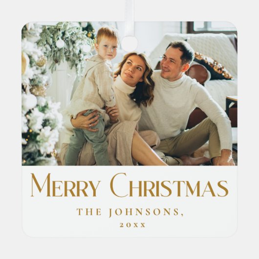 メリースタイリッシュエレガントクリスマス家族の写真金ゴールド メタルオーナメント (正面)