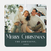 メリースタイリッシュスエレガントクリスマス家族写真グリーン メタルオーナメント (裏面)