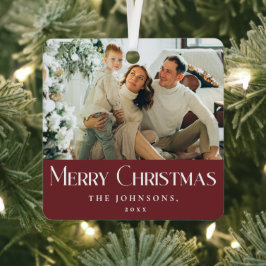 メリースタイリッシュスエレガントクリスマス家族写真赤 メタルオーナメント