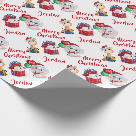 メリーパーソナライズされたクリスマスかわいい動物 ラッピングペーパー (角)