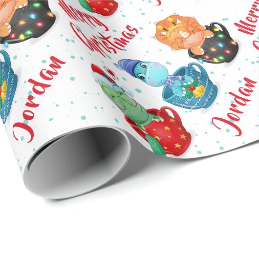 メリーパーソナライズされたクリスマスかわいい恐竜 ラッピングペーパー (ロールコーナー)