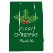 メリーパーソナライズされたクリスマスのホリー葉抱き枕 ミディアムペーパーバッグ (裏面)
